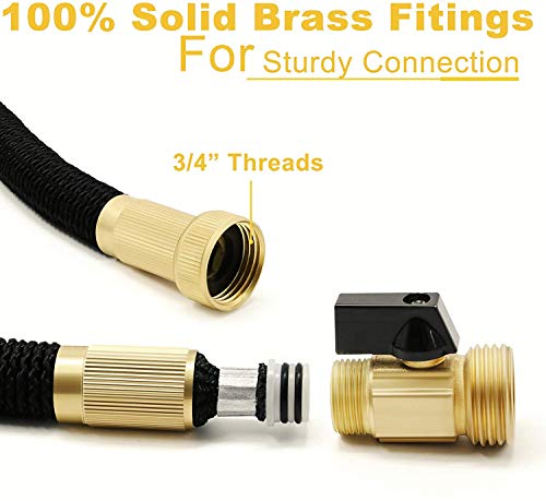 75ft Expandable Garden Hose 10 Function Nozzle Lightweight Flexible Water Hose 75 ft 3750D Triple Extentions Latex Core 3/4" Solid Brass Fittings for Watering and Cleaning