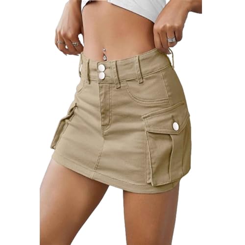 TJDKKYH Falda Tipo Cargo de Cintura Baja Ajustada, Minifalda Vaquera con Botones para Mujer