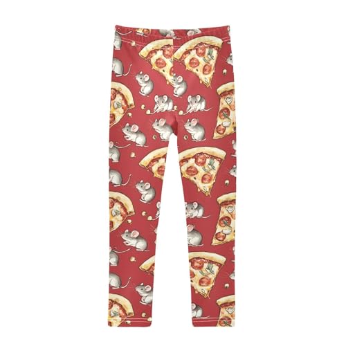 Cartoon Mice and Pizza Girls Leggings Ultra Soft Compression Yoga Gym Pants for Kids 4-10T