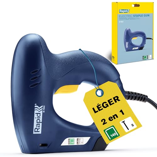 Agrafeuse-Cloueuse Électrique Rapid E-Tac : Pour Bois, Rembourrage et Bricolage - Léger, Conception Ergonomique avec Nez de Sécurité, Pour Agrafes de n°140/6-14mm et Clous n°8 de 15mm - FSC (5001697)