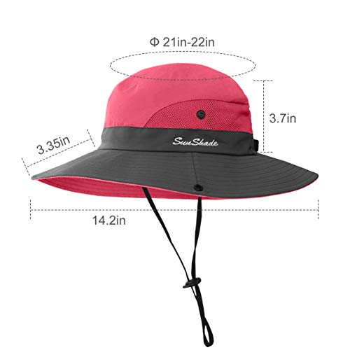 2 Pieces 5-14Y Kids Summer Sun Hat Wide Brim Uv Protection For Girls Ponytail Beach Bucket Cap (Purple＆Watermelon Red) #TOP4