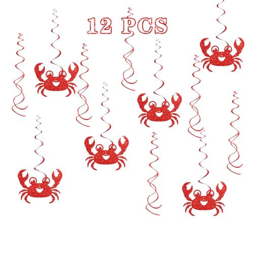 Image of Maicaiffe Crab Birthday Hanging Swirl Decorations - Glitter 12 Pcs Ocean World Sea Animal Party Supplies - Baby Shower Streamers - Cute Crab Party Foil Swirls Ceiling Decorations