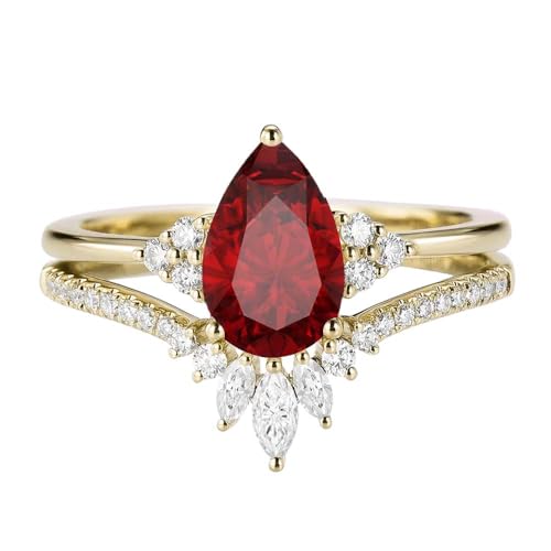 2 Carat Gemstone Wedding Ring Set - Pear Shaped Gem with Moissanite Bridal Sets Wedding Rings White Yellow Rose 10K 14K 18K Gold 925 Sterling Silver Pear Womens Wedding Ring Sets for Women4