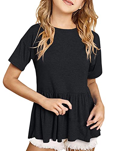 Image of Ebifin Girls Short Sleeve Tops Kids Peplum Babydoll T Shirts Tees 4-15Y | Girls T-Shirts, Crew neck Short Sleeve Shirts, Casual Tunic Tops, Cute Blouses, Summer Tees, Ruffle Hem, Loose fit