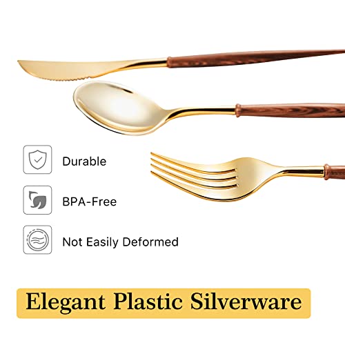 Lullaby 120Pcs Gold Plastic Silverware, Gold Disposable Cutlery With Wood Grain Handle Include 40 Forks, 40 Spoons, 40 Knives, Elegant Disposable Silverware For Wedding, Party, Christmas, Halloween #TOP2