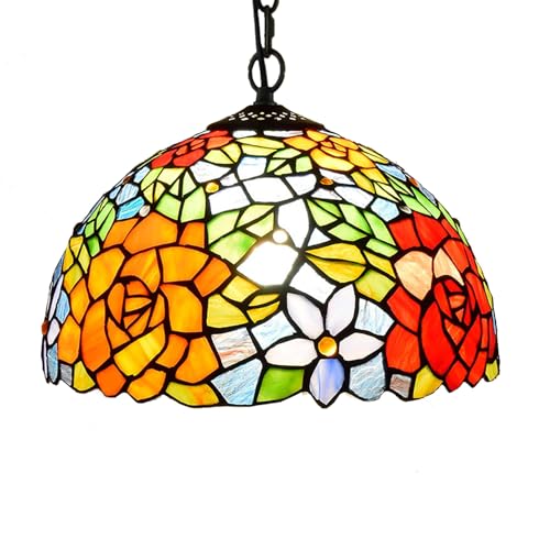 CraftedGlass Plafonnier style Tiffany, 30 cm, suspension en verre teinté, roses brillantes, décoration vintage, lustre for cuisine, salle à manger, salon,...