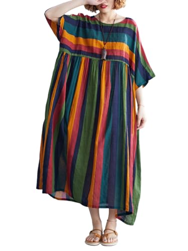 Image of Oversized Dress for Women Summer Midi Dresses Colorful Striped | Lightweight & Breathable Viscose Fabric for Summer. Loose Fit Casual Dresses for House & Vacation. Boho Style with Pockets