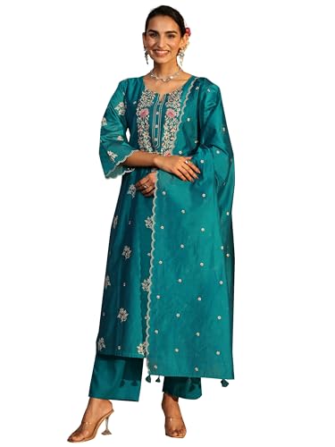 Image of Libas Art Embroidered Silk Blend Straight Kurta With Trousers and Dupatta | ethnic wear | bridal suit | wedding dress | occasion wear