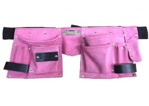 Unibos Professional Pink Leather Tool Belt Double Pouch, Tool Organiser with 11 Pockets for Tools & Small Items, for Work or Ladies Hen Party & Fancy Party