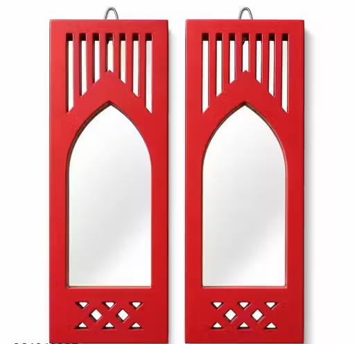 Set of 2 Red Decorative Wall Mirrors, Arched Design, Wooden Home Decor Mirror-image-21