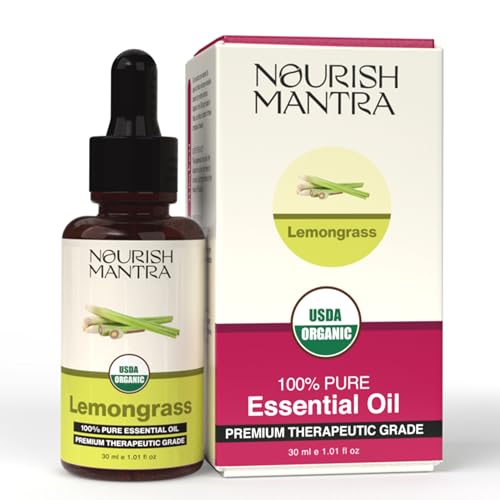 Nourish Mantra Organic Lemongrass Essential Oil for Massage, Aromatherapy & Skin | 100% Pure, USDA Certified Organic Lemongrass Essential Oil | Perfect for Diffuser, Home & Car