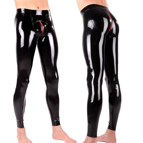 IOKUKI Latex-Leggings für Männer,Schwarze Latexhosen mit Roter Reißverschluss im Schrittn,Geeignet für Party Kleidung-M
