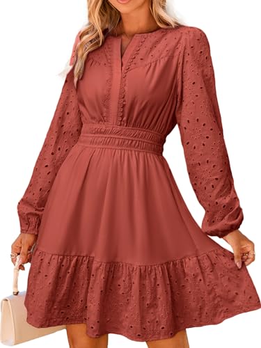 Simplee Womens Eyelet Long Sleeve Mini Dress 2025 Casual Boho Ruffle V Neck Empire Waist Country Western Dresses Wine Red