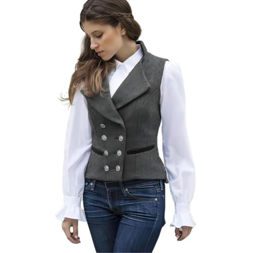 CAMDOM Women 50s Vintage Suit Vest Work Tweed Slim Fit Waistcoat V Neck Double Breasted Sleeveless Blazer Jacket with Pockets