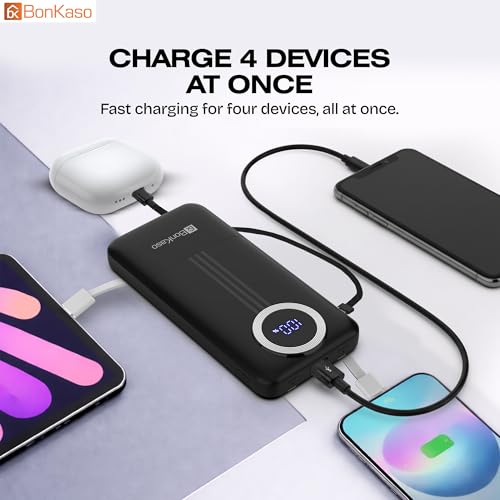 Image of BonKaso 20000mAh Power Bank 22.5W PD Fast Charging with Built-in Type-C Cable, USB-A & Type-C Output, Digital LED Display, Portable Slim Powerbank for iPhone, Android, Tablets - Black