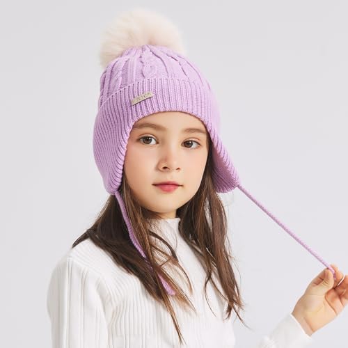 ZLYC Kids Girls Boys Winter Hats Cotton Lined Pom Pom Beanie Earflap Knitted Cap2