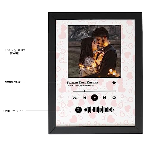 Image of Personalized Heart Background Wall Mount Spotify Song Barcode Frame With Photo & Message Digital Print Wooden Photo Frame For Birthday Gifts - Peach & White - 6X8 Inch