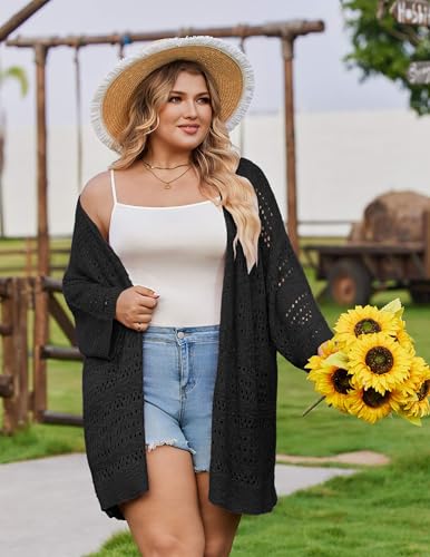 Image of IN'VOLAND Plus Size Crochet Cardigan for Women Summer Lightweight 3 /4 Sleeve Kimono Boho Open Front Knitted Cardigans