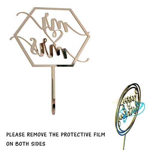 Larger Size Acrylic Mirror Gold Hexagon Elegant Handwriting Mr And Mrs Cake Toppers, Wedding, Bridal Shower, Engagement, Anniversary Monogram Cake Decorations #TOP6