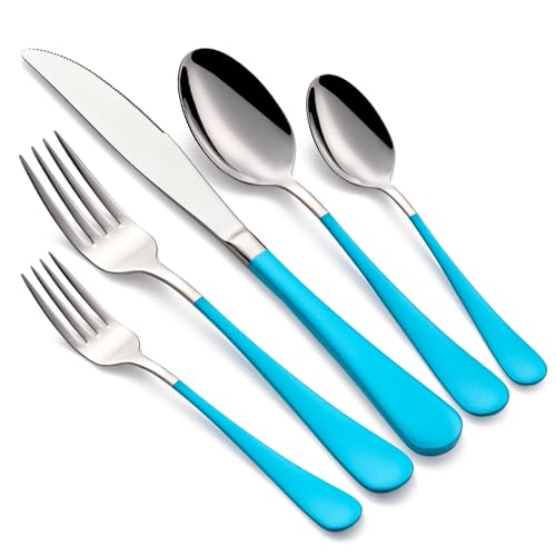 Onlycooker 20-Piece Blue Silverware Set 18/0 Stainless Steel Flatware Blue Handle Cutlery Set Service for 4 Dinner Knives Forks Spoons Set Mirror Finish Dishwasher Safe