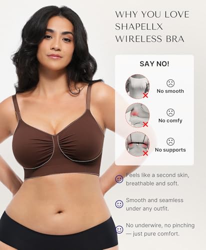 Image of SHAPELLX Stretchy Bra Wireless Comfy Bralatte Lounging Everyday Bra Brown L | No wire, light support, unpadded, 4-row hook, comfort, breathable, seamless, back smoothing, for lounge sleeping daily wear