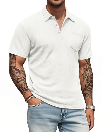 White Knit Polo Shirts for Men Button Down Short...