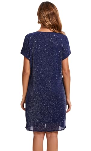 Image of Women's Crewneck Sequin Shift Dress Short Sleeve Casual Holiday Sparkly Party Dress