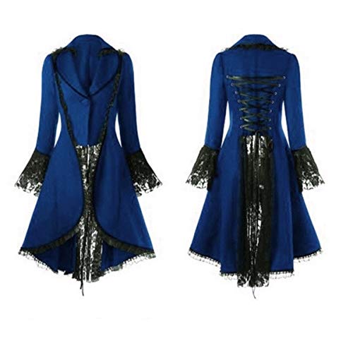 HULKY Solde Donne Gotiche Vintage Frac, Steampunk Waist Smoking Bendaggio Pizzo Cuciture Vittoriano Sovradimensionato Trench Praka Cappotto(Blu,XL)