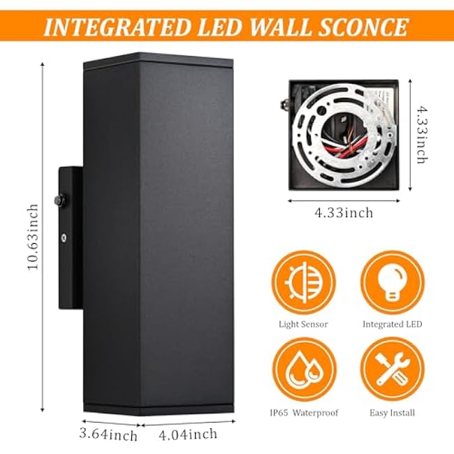 Dusk to Dawn Outdoor Lighting Sensor Porch Lights 2 Packs, 12W 2700K Integrated LED Up Down Lights Outdoor, IP65 Waterproof Aluminum Wall Sconce Exterior Wall Light for Porch Patio etc.