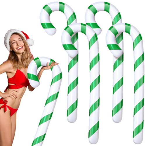 Leyndo 4 Pcs 5.5 ft Christmas in July Candy Cane Summer Christmas Candy Cane Inflatable Pool Noodles Jumbo Floats Swim Floating Noodles for Indoor Outdoor Swimming Pool (Green and White)