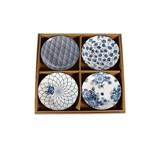 lachineuse - Coffret 4 Assiettes Japonaises - Asiettes Creuses ⌀ 17,5 cm au Style Asiatique - Coloris Bleu & Blanc - Vaisselle Japonaise Traditionnelle Zen -...