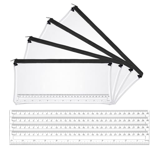 Meng Jiaran 4 PCS Clear Pencil Case for Exams + 4 PCS 30cm Ruler, 32cm Large Transparent Pencil Case, See Through Pencils Cases with Black Zip for School Home Travel