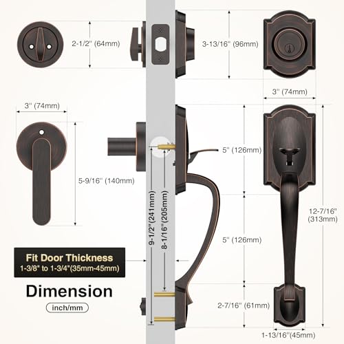 Image of Front Door Lock Set, Front Door Handle and Deadbolt Set, Vintage Exterior Door Lock Set, Front Door Handle with Single Cylinder, Reversible for Right & Left, Oil Rubbed Bronze