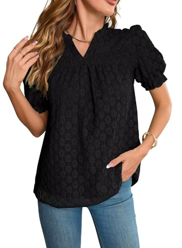 Tops For Women 2025 Boho Floral Short Puff Sleeve Shirts Summer Flowy V Neck Casual Lace Blouses