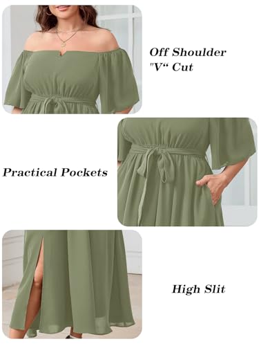Image of SCOMCHIC Womens Plus Size Formal Dresses Off The Shoulder Wedding Guest Cocktail A-Line Split Maxi Dress with Pockets