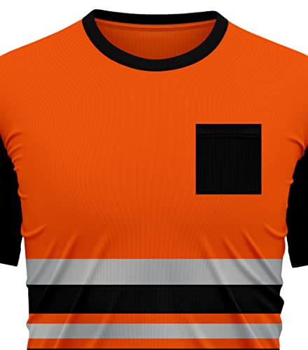 mymixtrendz Hi Vis High Visibility Security Work T Shirts Dri Fit Short Sleeves Safety Reflective Tape Round Crew Neck Breathable Workwear Tops Orange Black - Image 4