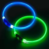 2 Packs Light Up Dog Collar, LED Dog Collar, USB Rechargeable Dog Lights for Night Walking, Adjustable Glow in The Dark Collars for Small Medium Large Dogs, Waterproof Safety Pets Lights Green&Blue