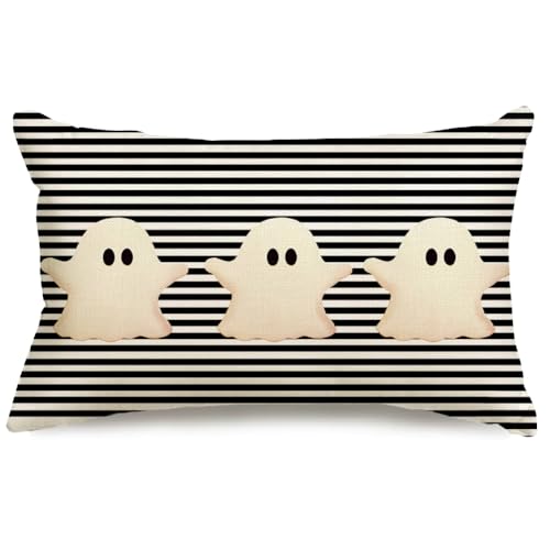 Halloween Pillow Covers 12x20 White Ghost Decor Black Stripe Pill...