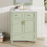 Yihomfy Meuble lavabo 81 cm avec Vasque en céramique, Petit Meuble sous Vasque avec 3 Tiroirs et Rangement Caché, Poignées Dorées, Désign Simple Moderne, WC Invités, Salle de Bain, Vert G