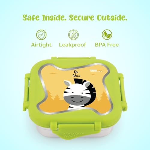 Image of STEELLOCK Smart Kids Stainless Steel Lunch Box, Leakproof & Airtight Tiffin Box for School Boys & Girls, BPA Free Food Grade with 4-Side Clip Lock | 360 ML | Green, 3D /UV Print Zebra