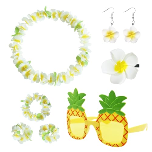 SAIIURV 6 Pièces Accessoires Tenue Hawaienne Femme, Deguisement Hawaïenne Femme, Collier Fleurs Hawaien Bracelets Lunettes de Soleil Bandeau Boucles...