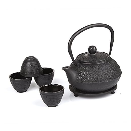 6 piece Japanese Cast Iron Pot Tea Set Black w/Trivet (30 oz 900YH)