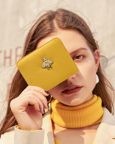 Image of Bistup Leather 12 Slot Accordion Card Holder Wallet, Yellow Bee | Accordion Storage, Zipper Around Closure, Compact Patterned Wallet for IDs, Cards, Cash, Daily Carry and Gifts