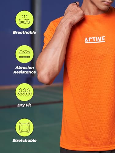 Image of FitMonkey Sports Crew Neck Stretchable Dry Fit T Shirt | Regular Fit Textured T Shirt for Men |Sport T Shirt for Men | Quick Dry Technology with Moisture Control |Breathable & Lightweight