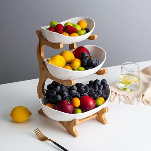 Image of 3 Tier PLASTIC Fruit Bowl With Bamboo Wood Stand for Kitchen Counter,Porcelain Fruit Basket for Vegetable Storage,Snack Dessert Cake Tray Plate Rack for Party Wedding - White