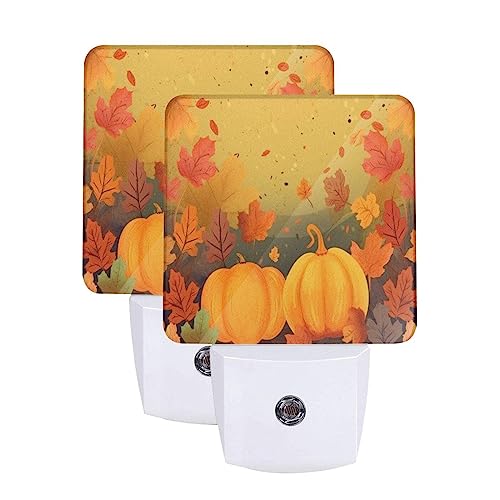 Image of Thanksgiving Pumpkins LED Plug-in Night Light 2-Pack, Auto Sensor Emergency Fall Leaf Nightlights Set of 2 for Dawn Bedroom Kitchen /Dusk Bathroom /Night Stairs Hallway Toilet