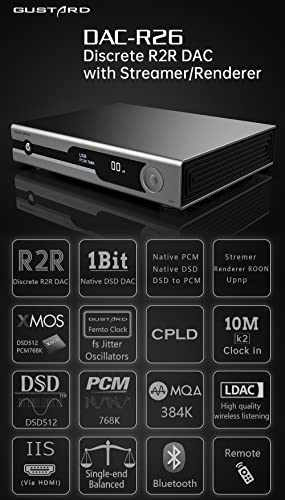 Image of Gustard R26 Discrete R2R DAC - R2R+1Bit XMOS DSD512 PCM768kHz LDAC Balanced K2 Clock Decoder with Remote Control(Black)