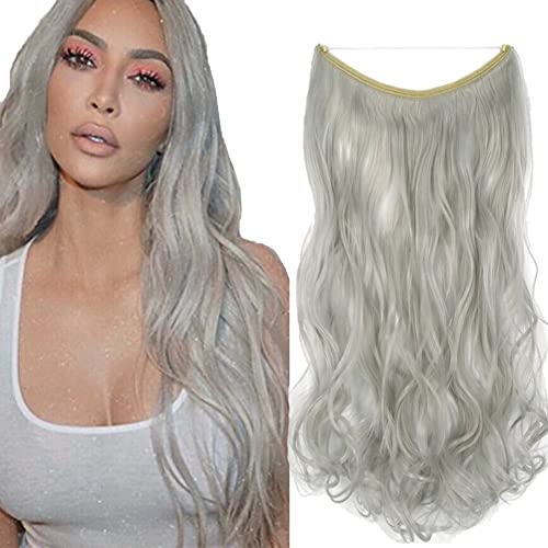 iLUU 18inch 80g Grey Silver Fashion Womens Flio in on Hair Extensions Long Curly Wavy Synthetic Haipieces Hidden Fish Line Invisible String Transparent Wire Flip in Hair Extensions for Party GREY