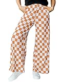 IWOLLENCE Women's Casual Loose Checkered Wide Leg Pants High Waist Straight Lounge Y2K Gingham Trousers Fall Orange Wihte, S