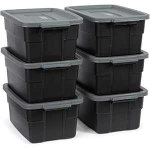Rubbermaid 6-Pack Heavy Duty Durable 3 GAL Totes for Storage with Snap Lids and Handles, Plastic Storage Bins Stackable Black Gray for Home and Garage (3 GAL – 6 Pack Solid Black and Grey)